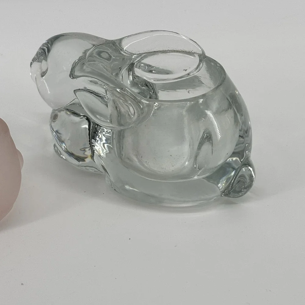 2 Vintage Indiana Glass Bunny Rabbit Votive‎ Candle Holder Pink Satin & Clear